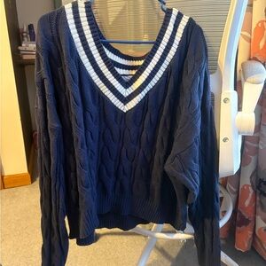 Pink Republic Navy and White Cable Knit V-Neck Sweater